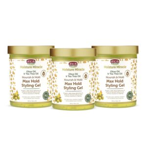 African Pride Moisture Miracle Olive & Tea Tree Oil Max Hold Styling Hair Gel (3 Pack), For Natural Coils & Curls, 18 oz