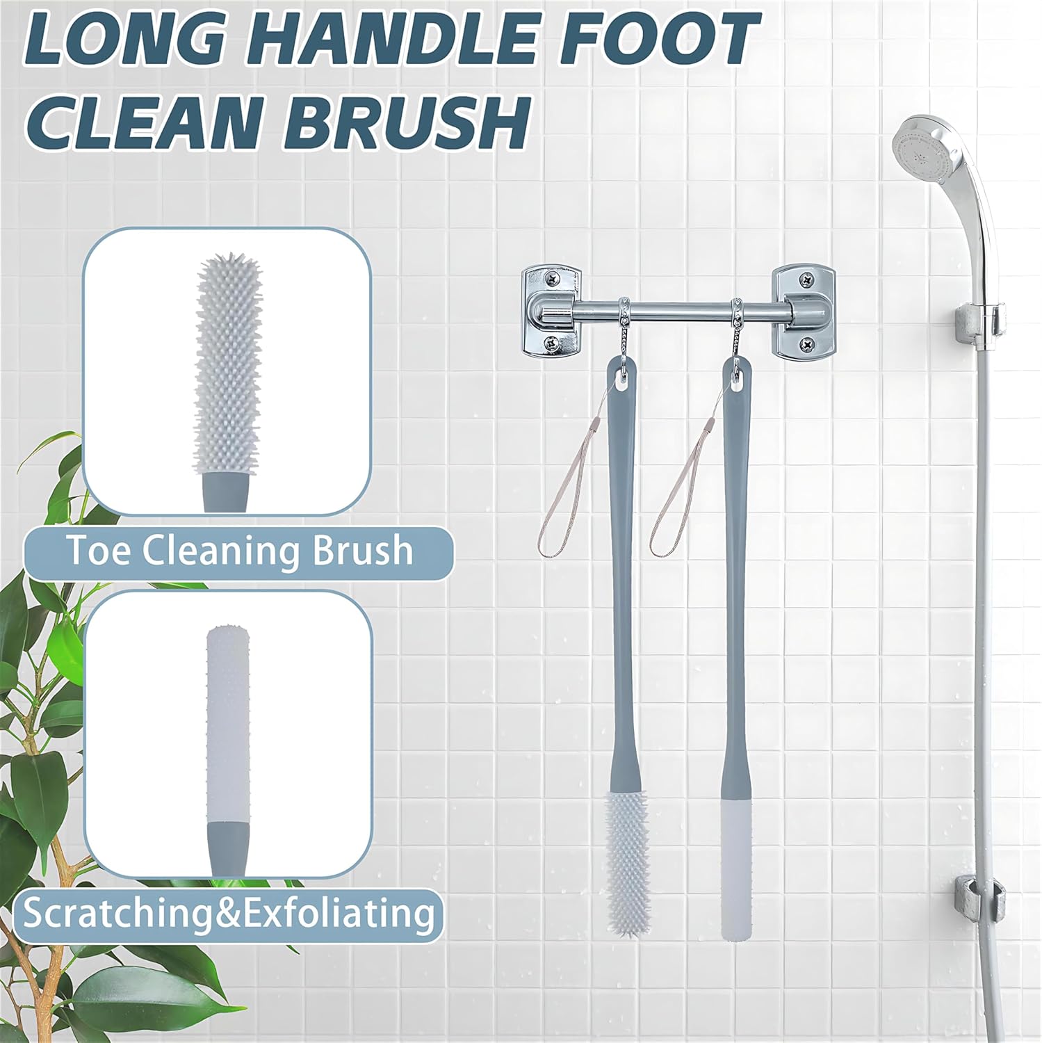 2Pack 15.7" Foot Scrubber in Shower with Long Handle Silicone Foot Brush Soft Skin Exfoliation Gap Brush for Seniors, Elderly, Men and Women (Gray) - Image 2