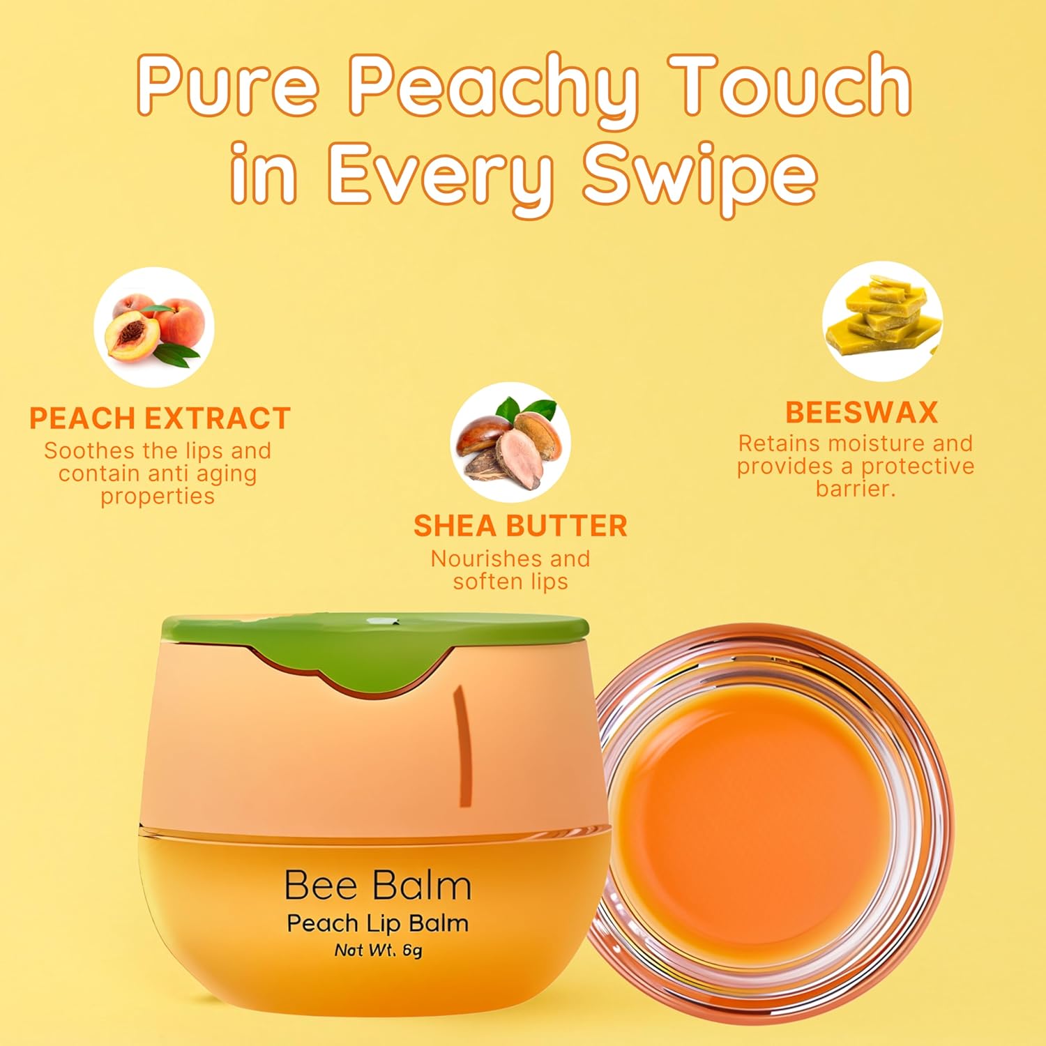 Bee Balm Peach Lip Balm 0.15 oz Hydrating Balm for Dry Chapped Lips with Honey Vitamin E - Image 2