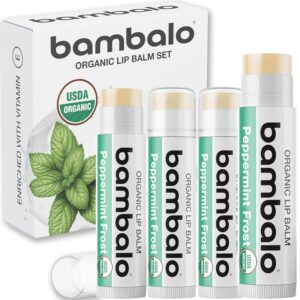 USDA Organic Lip Balm Peppermint 4-Pack by Bambalo – Beeswax, Coconut Oil, Vitamin E – Cooling Lip Repair Chapstick for Dry Cracked Lips – Moisturizing Care for Men and Women