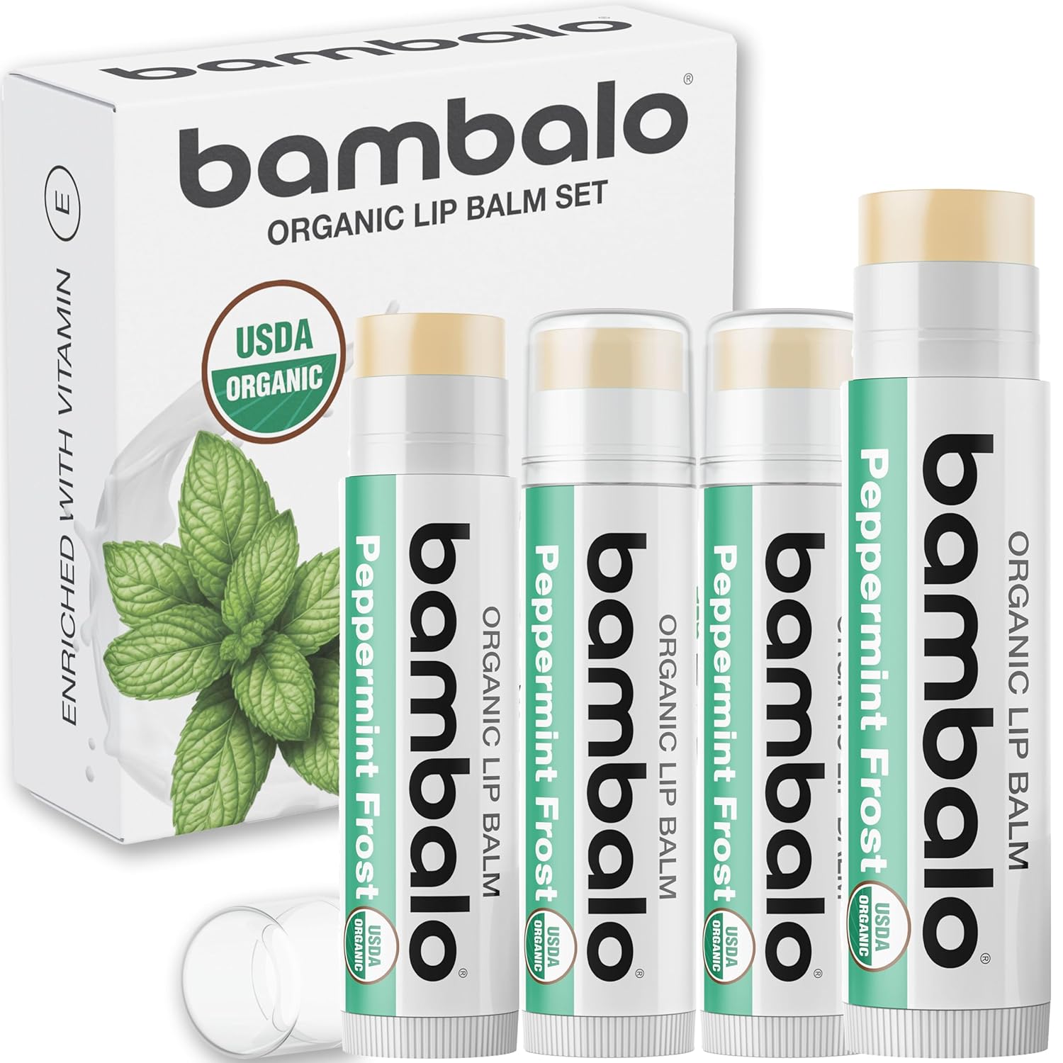 USDA Organic Lip Balm Peppermint 4-Pack by Bambalo – Beeswax, Coconut Oil, Vitamin E – Cooling Lip Repair Chapstick for Dry Cracked Lips – Moisturizing Care for Men and Women