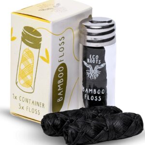 Natural Bamboo Dental Floss: 1 Refillable Glass Container + 3 Biodegradable Bamboo Floss Refill (33 Yards Each), Eco-Friendly, Vegan, Non-Toxic Natural Floss - Refillable Zero Waste Black Thick Floss