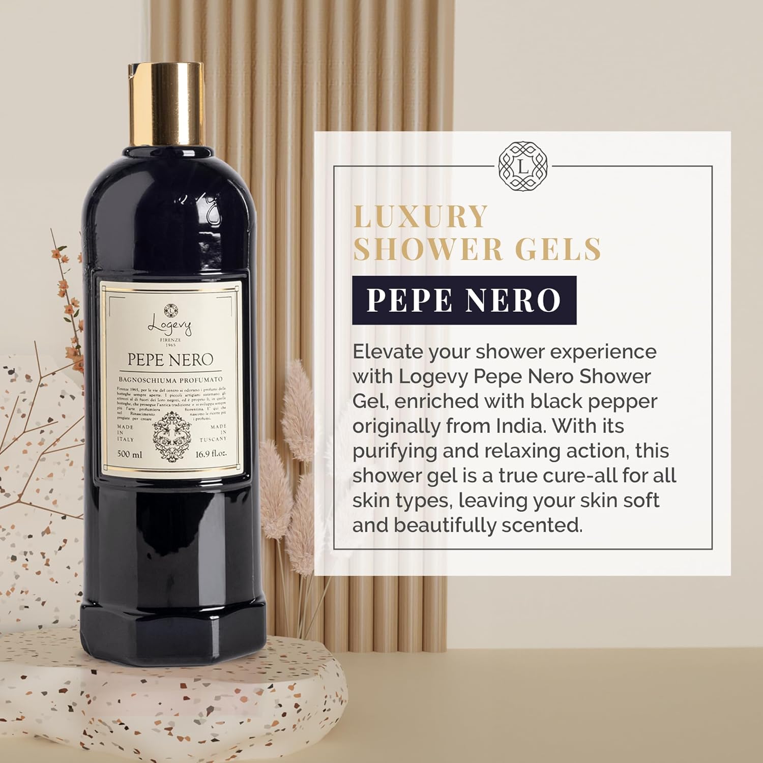 Logevy Pepe Nero Shower Gel – Indulgent Black Pepper Aroma Made from the Best Skin-Friendly Ingredients, Rich in Nutritional Properties for Rejuvenating, Hydrating, and Soothing Action – 500ml - Image 2
