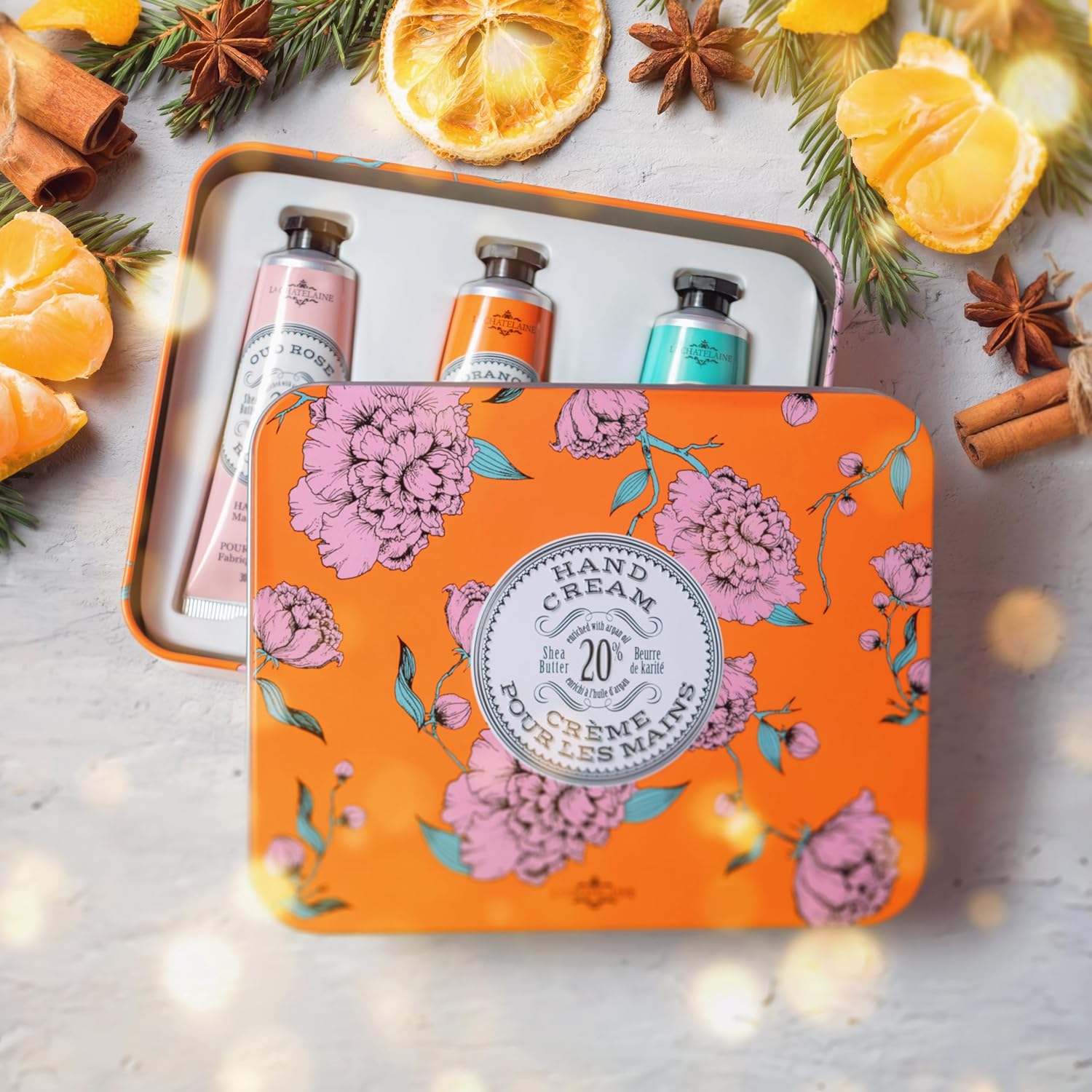 La Chatelaine Hand Cream Trio Tin, Gifts for Mom, Natural Hand Lotion Gift Set, Made in France with 20% Organic Shea Butter, Nourishing & Moisturizing (Gardenia, Orange Blossom, Oud Rose) 3 x 1 fl. oz - Image 6