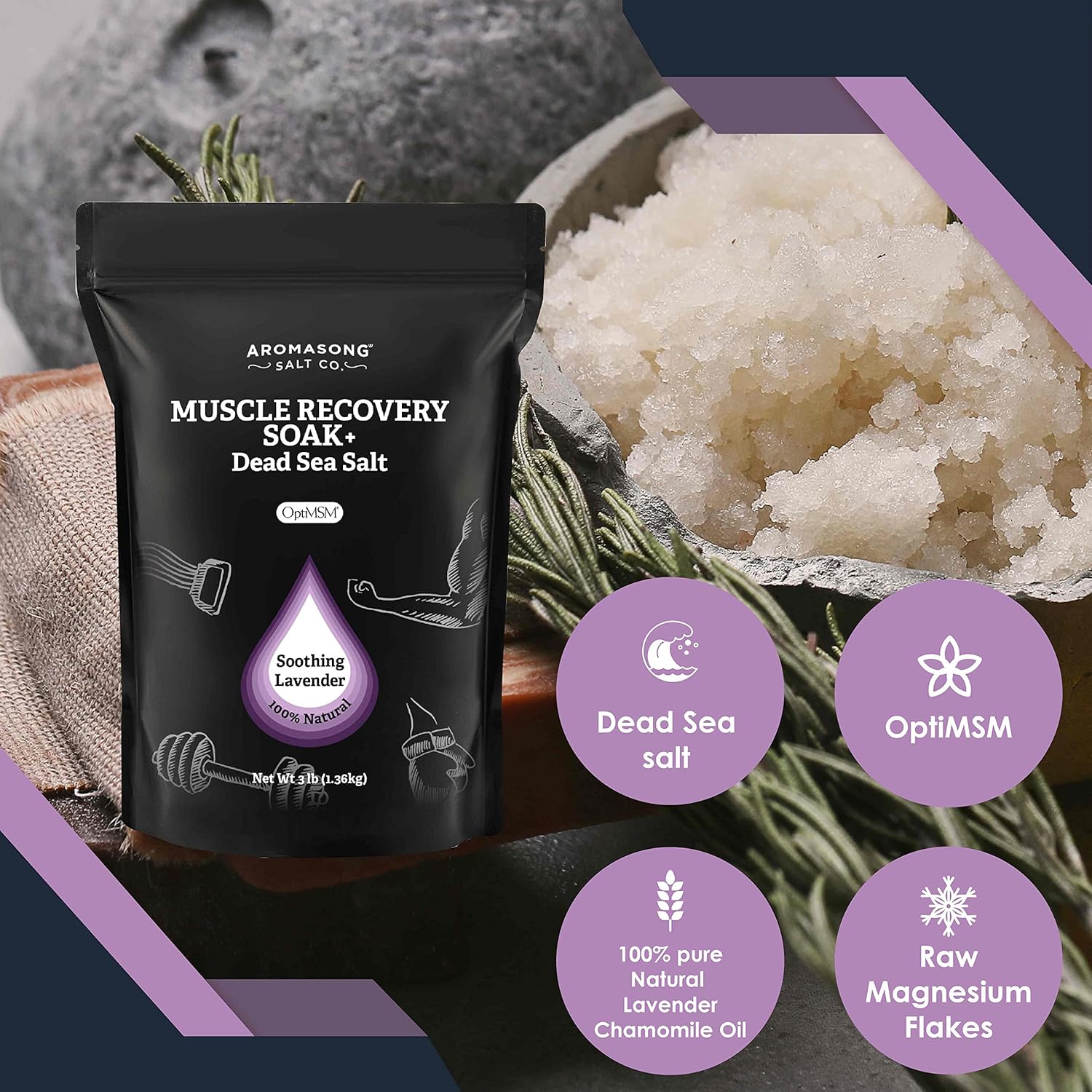 Muscle Recovery Bath Soak for Muscle | Sore Muscle Soak with Dead Sea Salt, OptiMSM, Magnesium Flakes & Essential Oils | 3 Lb. - Made in USA. - Image 7