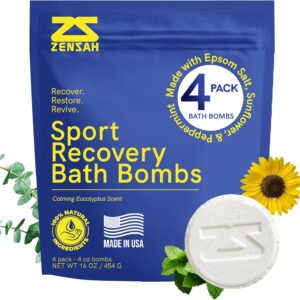 Zensah Sport Recovery Bath Bombs - Magnesium Epsom Salt for Soaking Sore Muscles, Father’s Day Gifts, Made in USA with Essential Oils, Eucalyptus Relaxation for Athletes, Men and Women