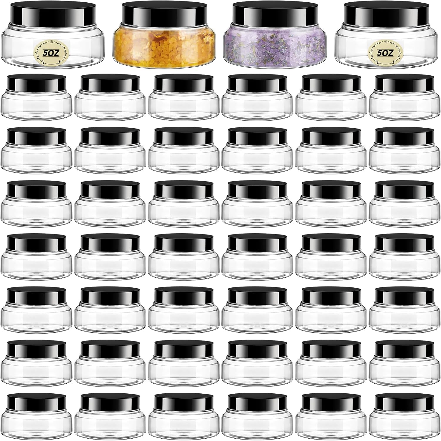 Tessco 48 Pcs Plastic Jars with Lids and Labels Body Scrub Jars Round Refillable Cosmetic Containers Empty Butter Travel Containers for Sugar Scrub Lotions Cosmetics Cream (5 oz,Clear)