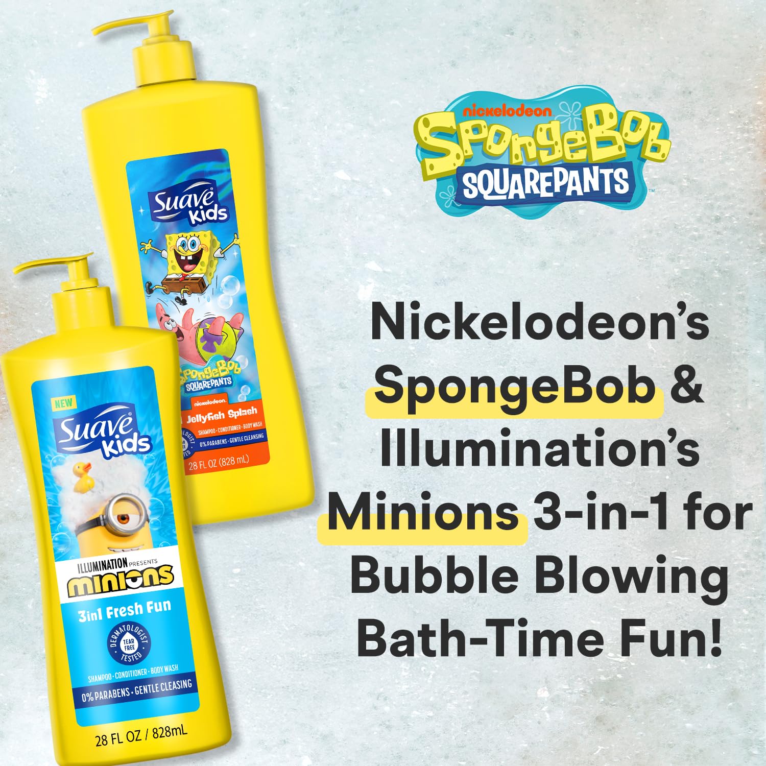 Suave Kids 3-in-1 Variety 2-Pack – Minions Fresh Fun + SpongeBob SquarePants JellyFish Splash Tear-Free Shampoo, Conditioner & Body Wash, 28 Oz Ea - Image 6