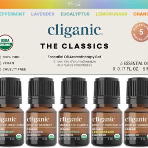 Cliganic Organic Essential Oils Set (Top 5 - The Classics) - 100% Pure Natural - Aromatherapy, Candle Making - Peppermint, Lavender, Eucalyptus, Lemongrass & Orange (Packaging May Vary)