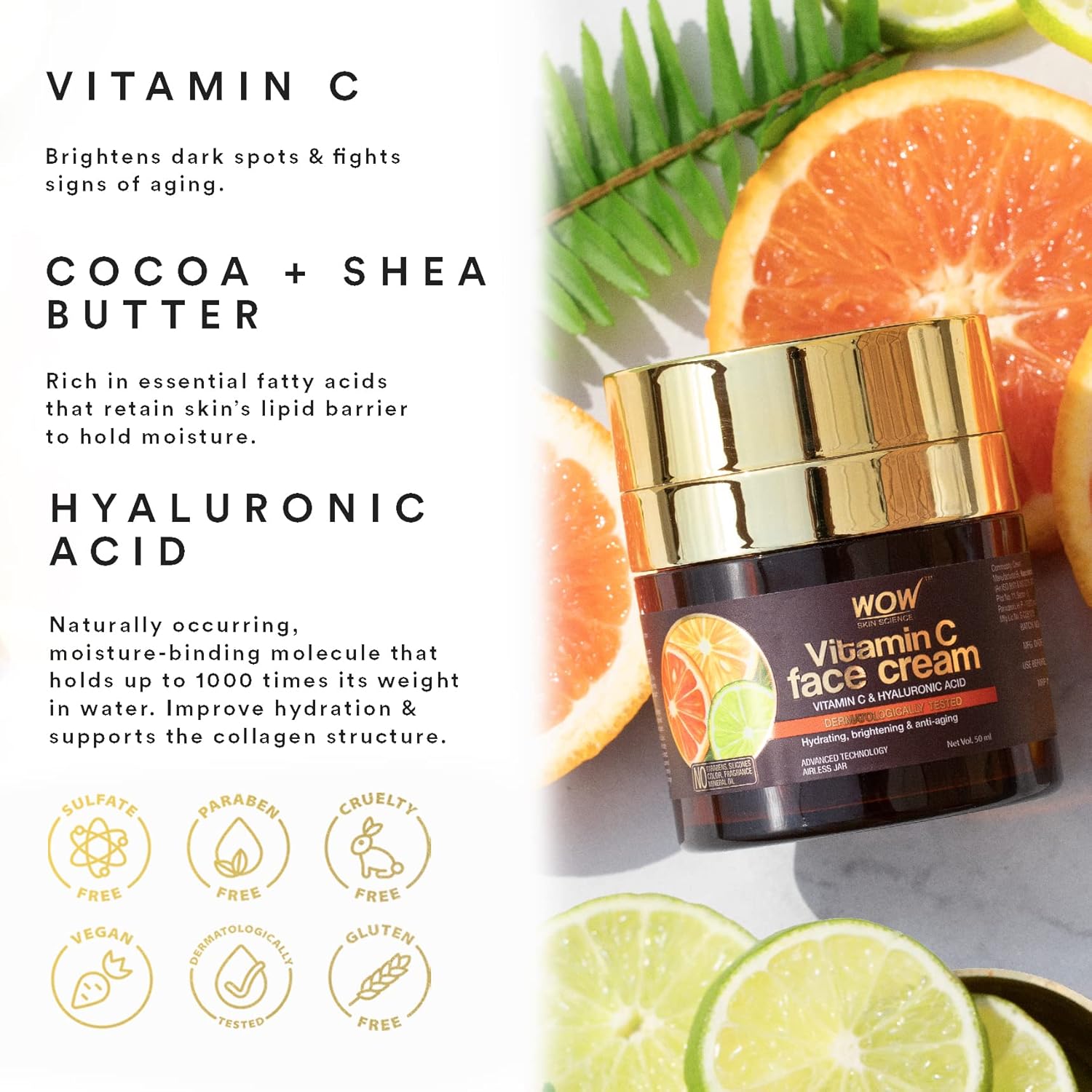 WOW Skin Science Vitamin C Moisturizer Face Cream - Anti Aging Face Moisturizer for Men & Women - Oil Free, Dry Skin Face Lotion - Facial Skin Care Products For All Skin Types (1.69 oz) - Image 2