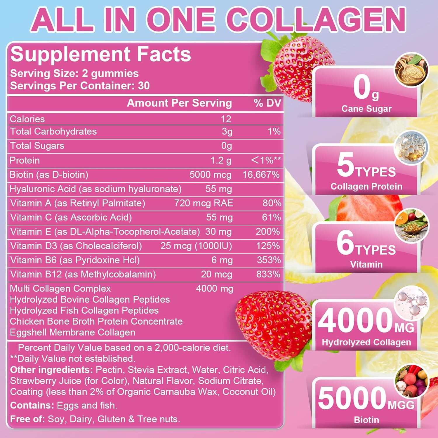 Multi Collagen Peptides Gummies, Type I, II, III, V, X - Hydrolyzed Collagen Peptides with Biotin, Hyaluronic Acid, Supports Healthy Skin, Strong Nails & Thick Hair, 60 Count, 1 Pack - Image 2
