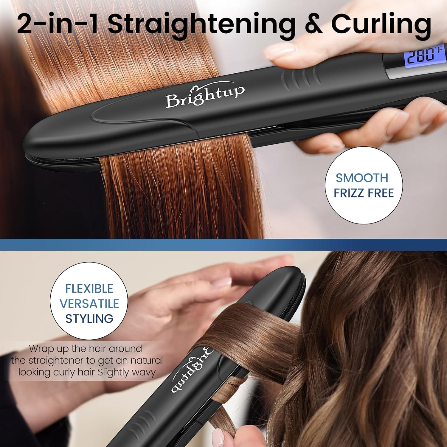 Brightup Tourmaline Ceramic Hair Straightener and Curler 2 in 1 with 1" Vibrating Plates, Ionic Flat Iron with 10 Temp Control/Auto Shut Off, 20S Fast Heating for Smooth Salon Results, Black - Image 7