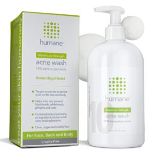 humane Benzoyl Peroxide Acne Body Wash - 10% Maximum-Strength Acne Treatment for Face, Skin, Butt, Back and Body - 16 Fl Oz - Dermatologist-Tested Non-Foaming Cleanser - Vegan, Cruelty-Free