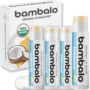 USDA Organic Lip Balm Unflavored 4-Pack by Bambalo – Beeswax, Coconut Oil, Vitamin E – Gentle Lip Repair Chapstick for Dry Lips – Moisturizing Care for Men and Women
