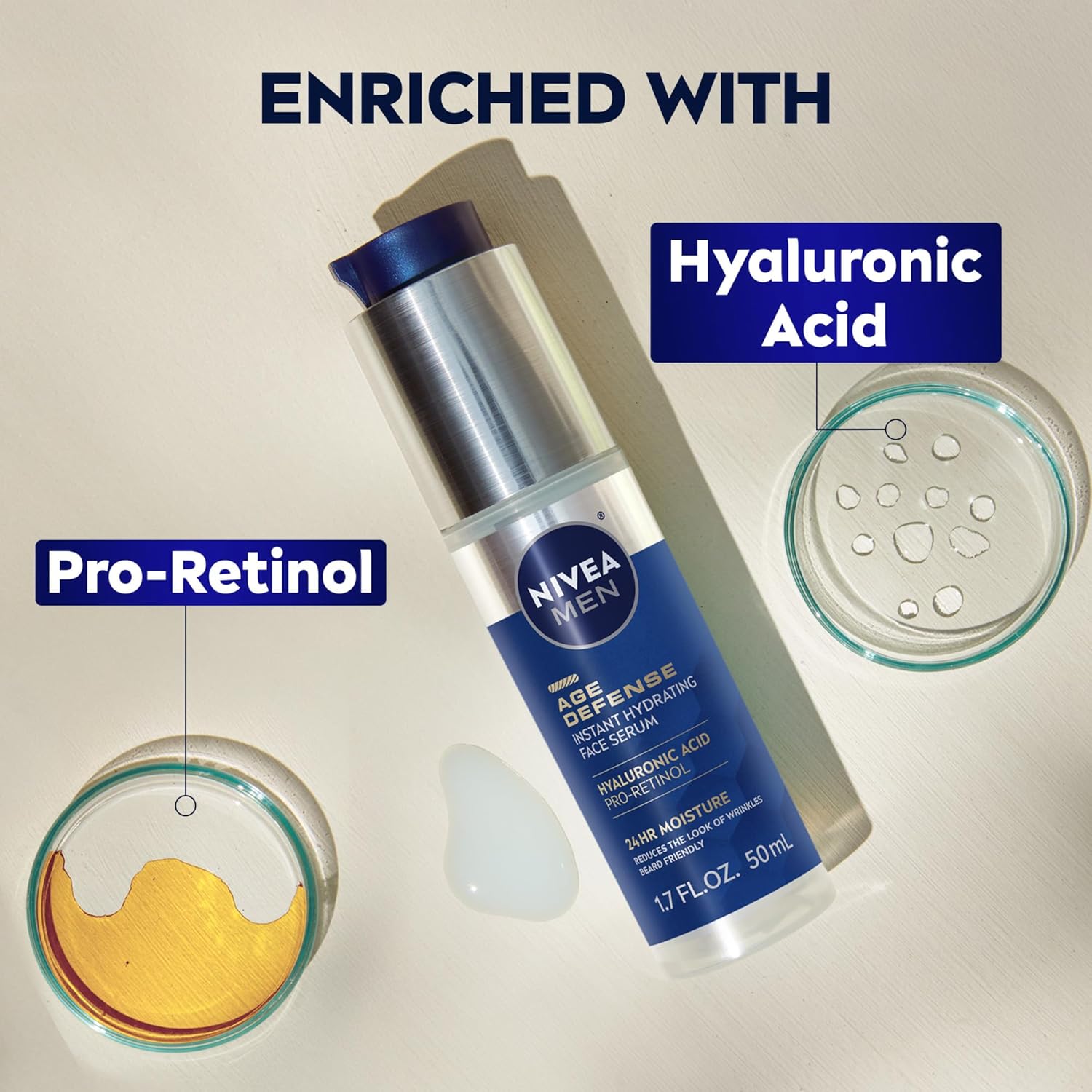 NIVEA MEN Age Defense Instant Hydrating Face Serum for Dry Skin, With Pro-Retinol and Hyaluronic Acid, Skin Care Gifts for Dad, Helps Reduce Look of Fine Lines and Wrinkles, 1.7 Fl Oz Bottle - Image 4