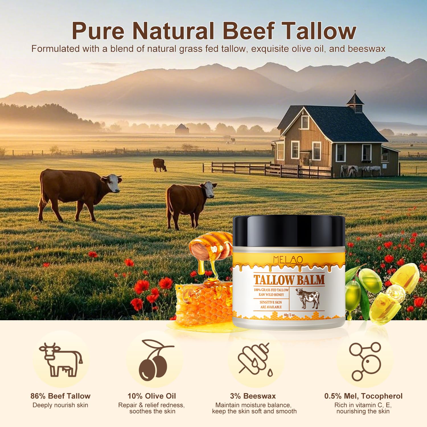 Beef Tallow Honey Balm for Skin - Grass Fed Beef Tallow Honey Moisturizer for Face,Whipped Organic Unscented Fast Absorption Tallow Cream Infused with Manuka Honey Beeswax Olive Oil (2 oz) - Image 3