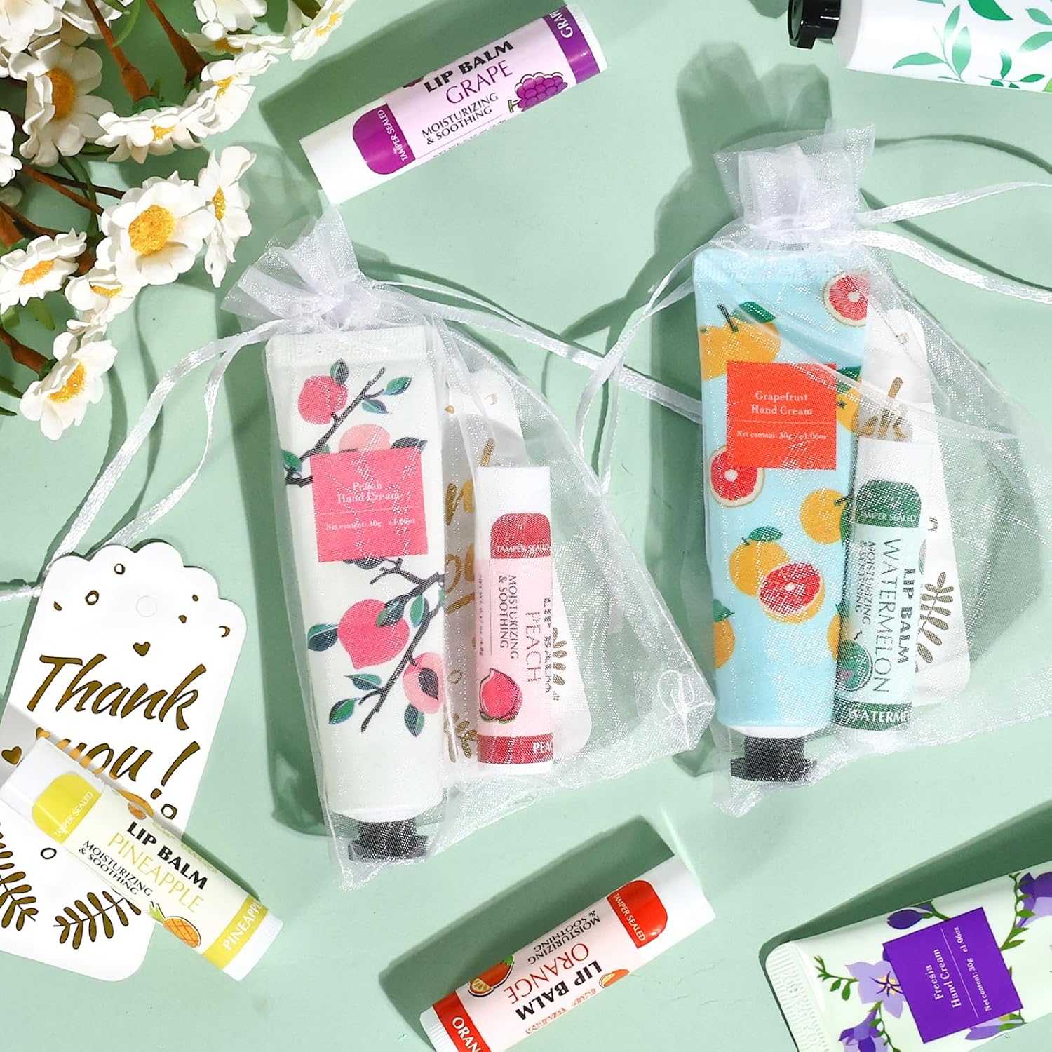 AZEN 100-Piece Hand Cream and Lip Balm Set with Organza Bag Thank You Card Guest Favors - Image 5