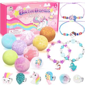 Tacobear Unicorn Bath Bombs for Kids Girls with Toys Surprise Jewelry Inside Natural Organic Bubble Bath Toys for Kids Ages 4-8 Birthday Christmas Easter Gifts for Girls 4 5 6 7 8 Years Old
