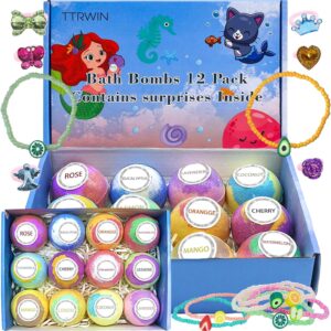 Bath Bombs for Kids with Surprise Inside for Girls Boys, 12 Pack Kids Bath Bombs with 12 Unique Jewelry Toys, Kid Safe Handmade Bubble Bath Fizzies Bomb for Easter Eggs Birthday Christmas