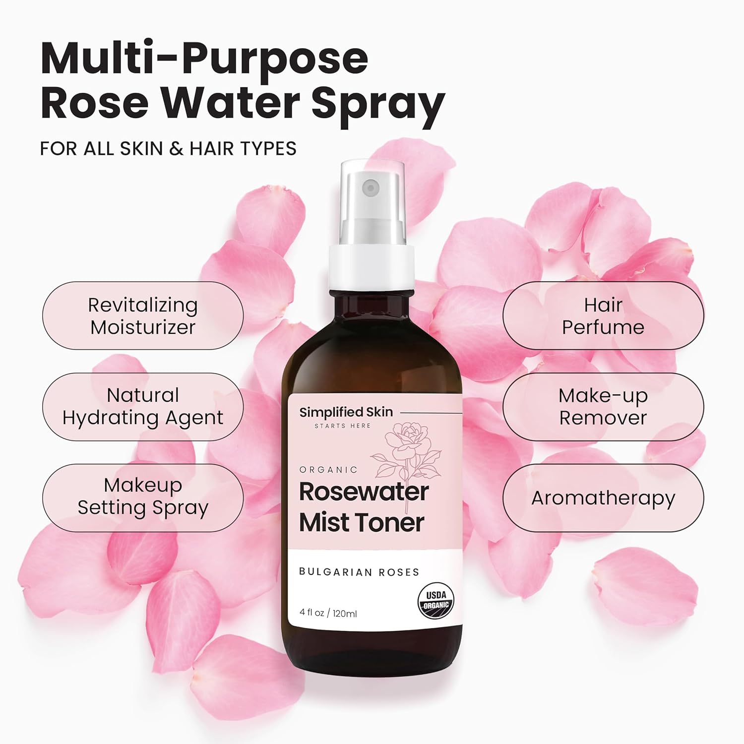 USDA Organic Rose Water Spray 8oz Refill, Alcohol-Free Hydrating Toner for Face and Hair - Image 5