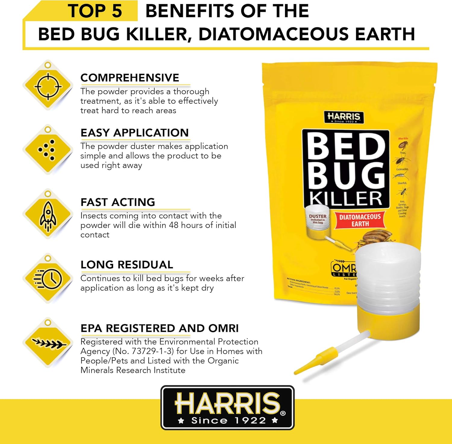 Harris Bed Bug Killer, Diatomaceous Earth (4lb with Duster Included Inside The Bag) - Image 3