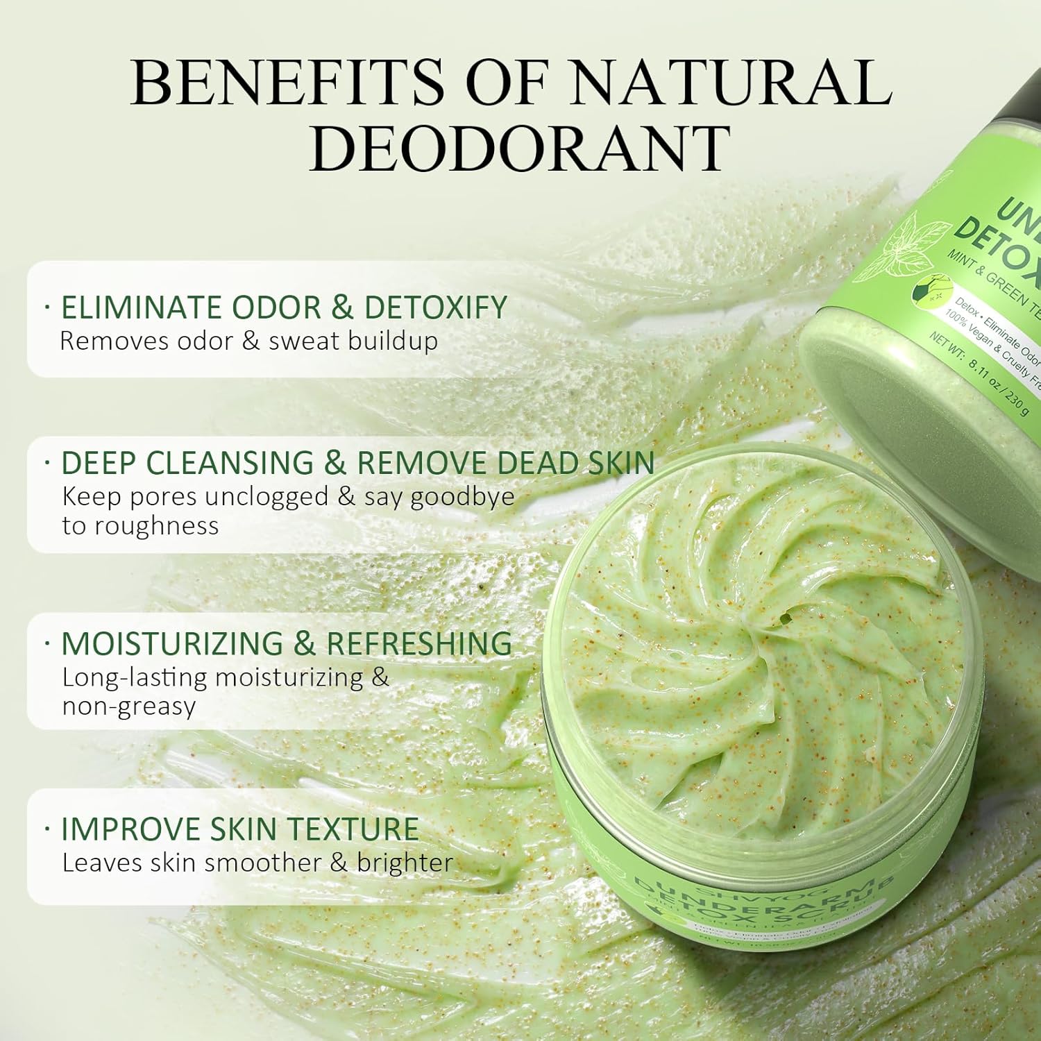 Underarm Detox Scrub, Armpit Detox Green Tea, Mint and Tea Tree Body Deodorant, Natural Dark Armpit Remover for Odors Eliminating and Exfoliating, also for Whole Body & Sensitive Skin, Unisex 8.11 Oz - Image 3