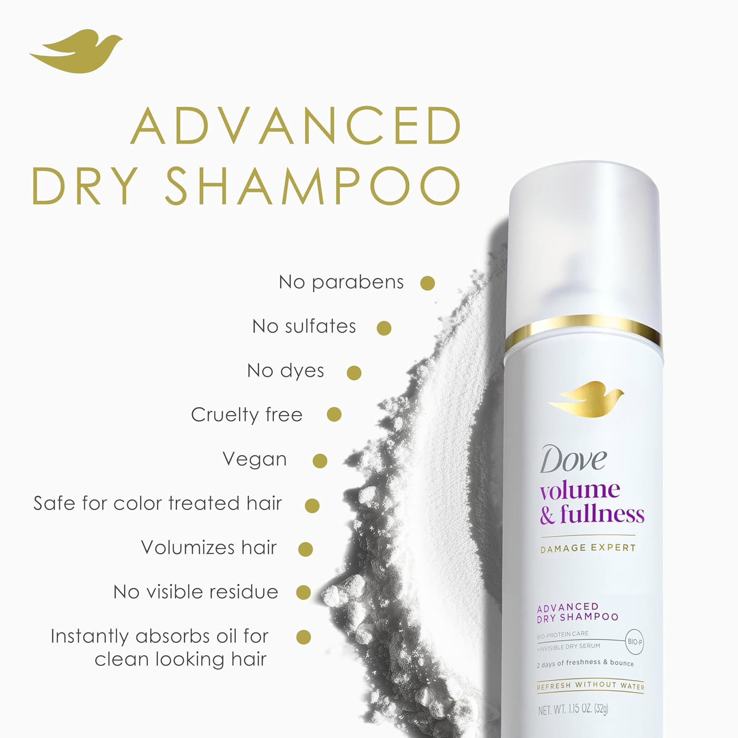 Dove Advanced Dry Shampoo Volume & Fullness Refresh & Revive Flat Hair Without Water for 2 Days of Freshness & Bounce 1.15 oz - Image 9