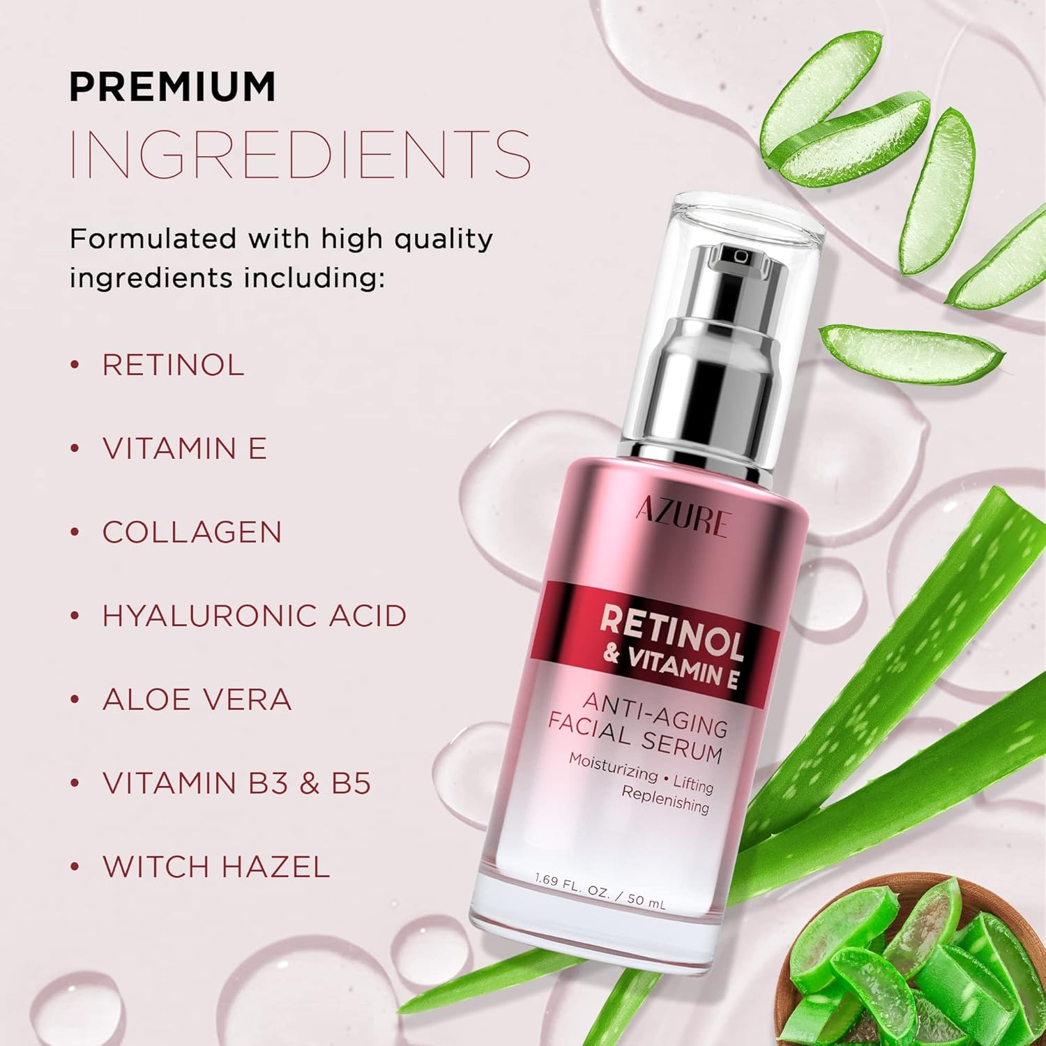 Azure Cosmetics 1.69 fl oz Retinol Vitamin E Face Serum Dermatologist Tested Anti Aging K-Beauty - Image 2