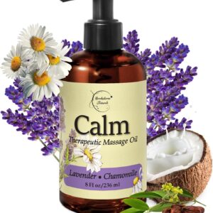 Calm Massage Oil for Massage Therapy with Lavender & Chamomile Essential Oils to Relax Sore Muscles | All Natural with Coconut, Grapeseed & Jojoba for Smooth Skin | Brookethorne Naturals 8oz