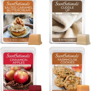 ScentSationals Wax Melts Home Sweet Home 4pk – Long-Lasting, Strong-Scented Wax Cubes for Warmers, Includes Cuddle Up, Cinnamon Apples, Salted Caramel Butter Cream & Farmhouse Cookies, 10oz (24 cubes)