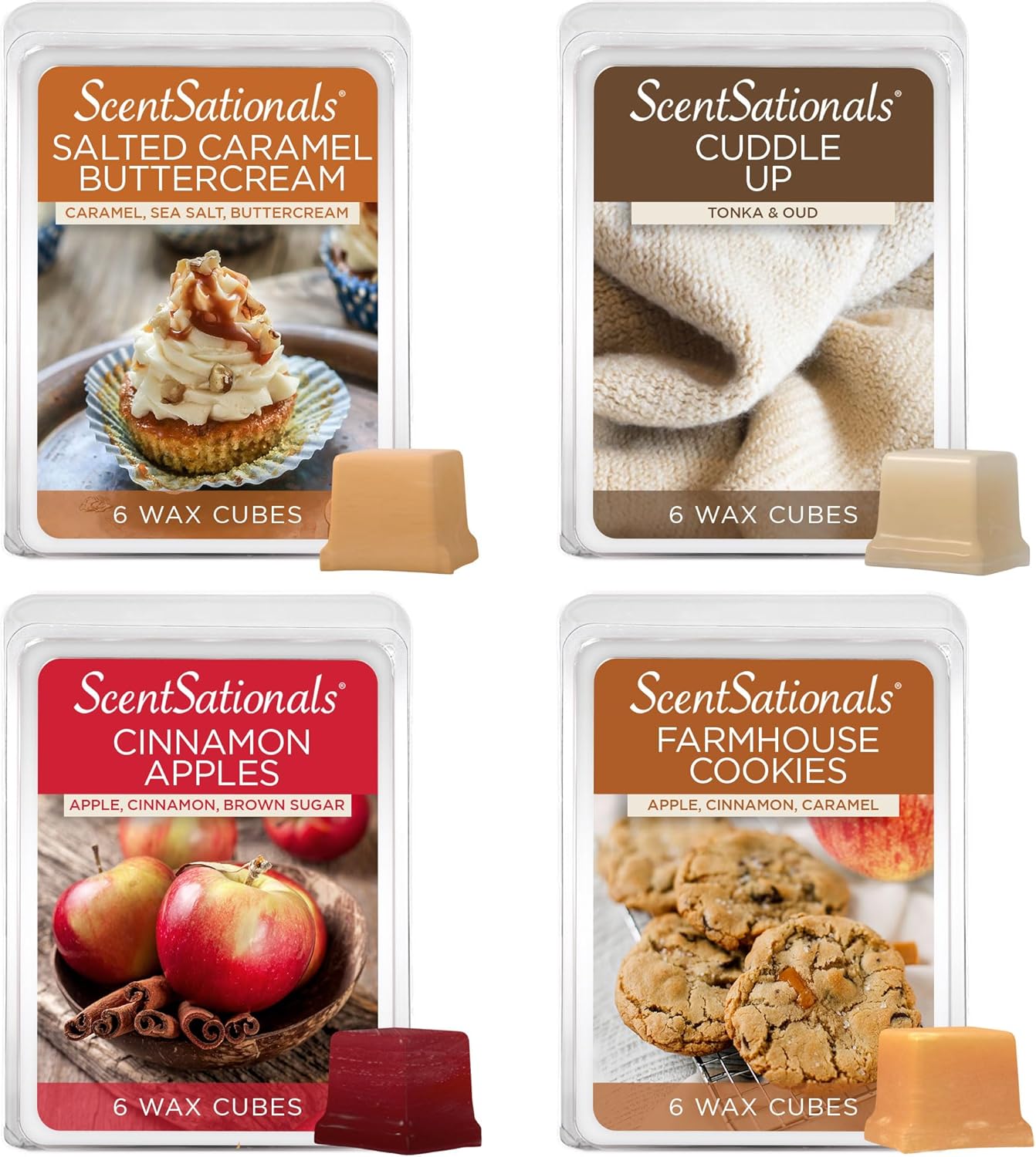 ScentSationals Wax Melts Home Sweet Home 4pk – Long-Lasting, Strong-Scented Wax Cubes for Warmers, Includes Cuddle Up, Cinnamon Apples, Salted Caramel Butter Cream & Farmhouse Cookies, 10oz (24 cubes)