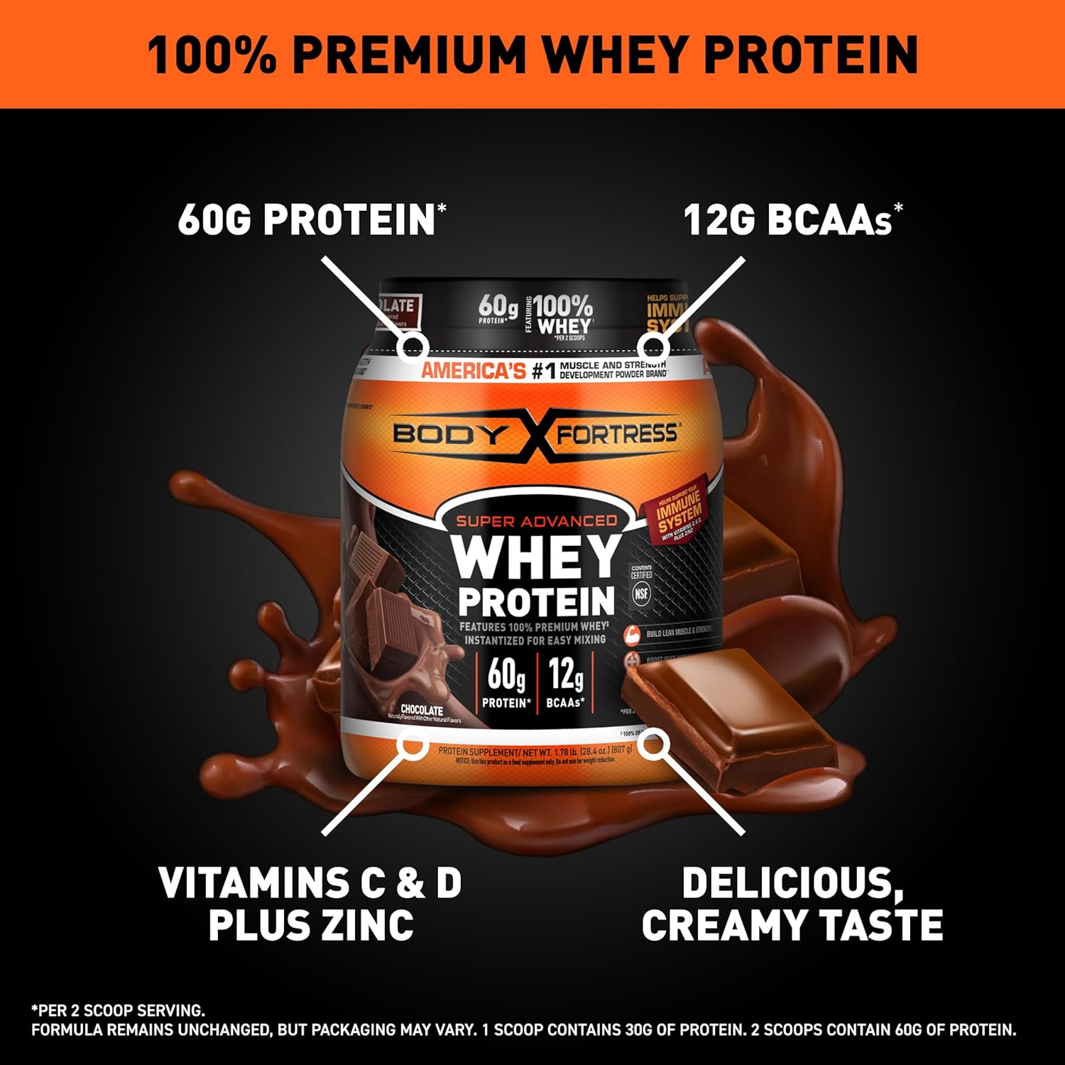 Body Fortress 100% Whey Protein Powder Chocolate 1.78lb Tub High Quality - Image 2