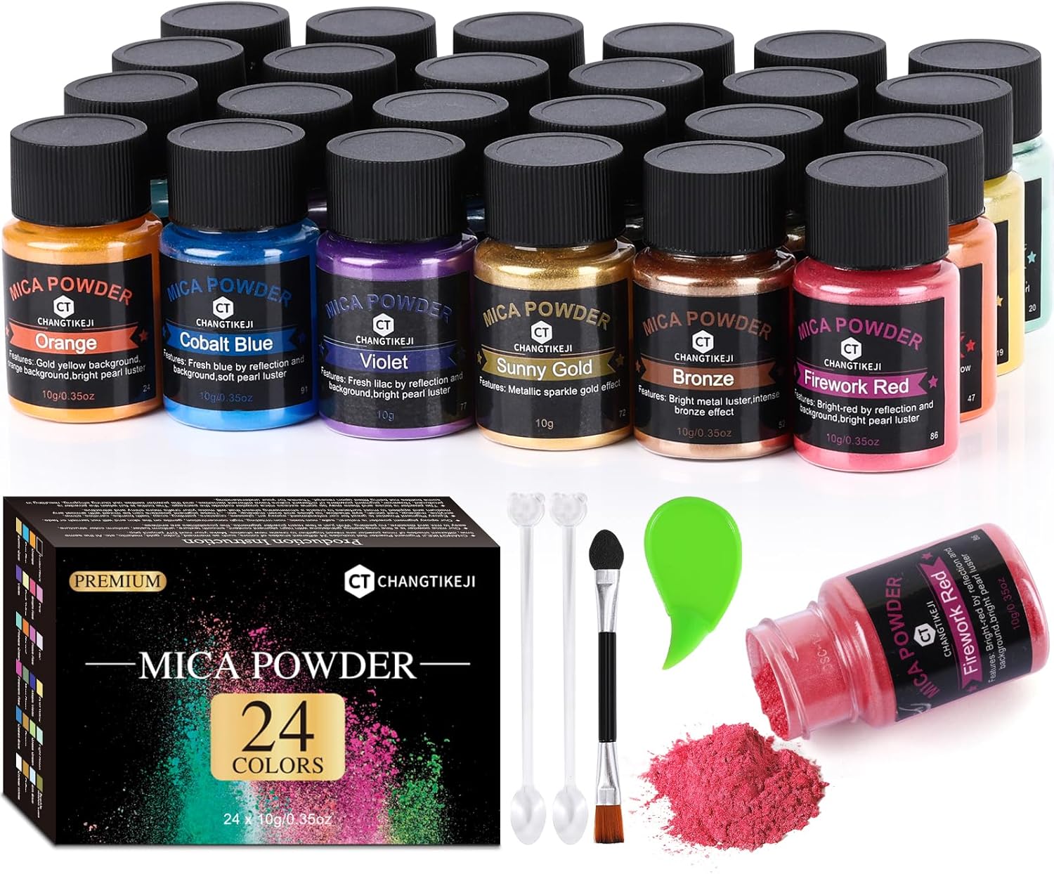 Mica Powder,24 Colors - 10g/Bottle of Natural Pigment Powder for Epoxy Resin,Soap Making,Candle Making,Lip Gloss,Car Freshies,Dye,Nail Polish,Bath Bombs