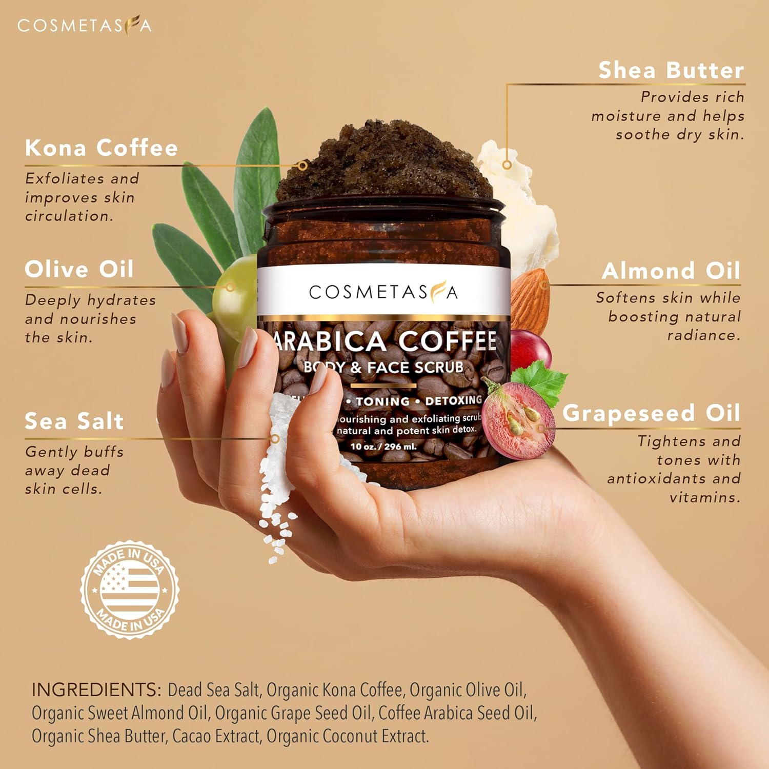 Cosmetasa Organic Arabica Coffee Scrub Bundle 2 in 1 Face and Body Exfoliator with Gloves for Men and Women - Image 2