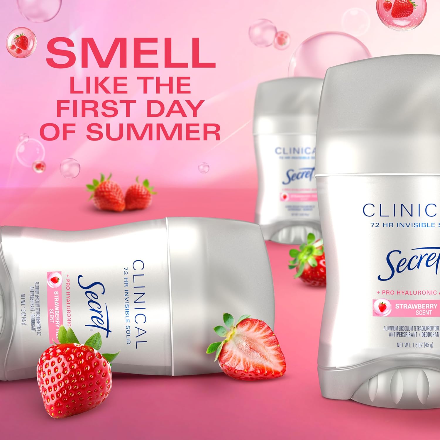 Secret Clinical Strength Antiperspirant Deodorant for Women, 3X Stress Protection, 72hr Sweat & Odor Protection, Pro-Hyaluronic Acid, Invisible Solid, Strawberry Summer Fizz Scent, 1.6 oz - Image 4