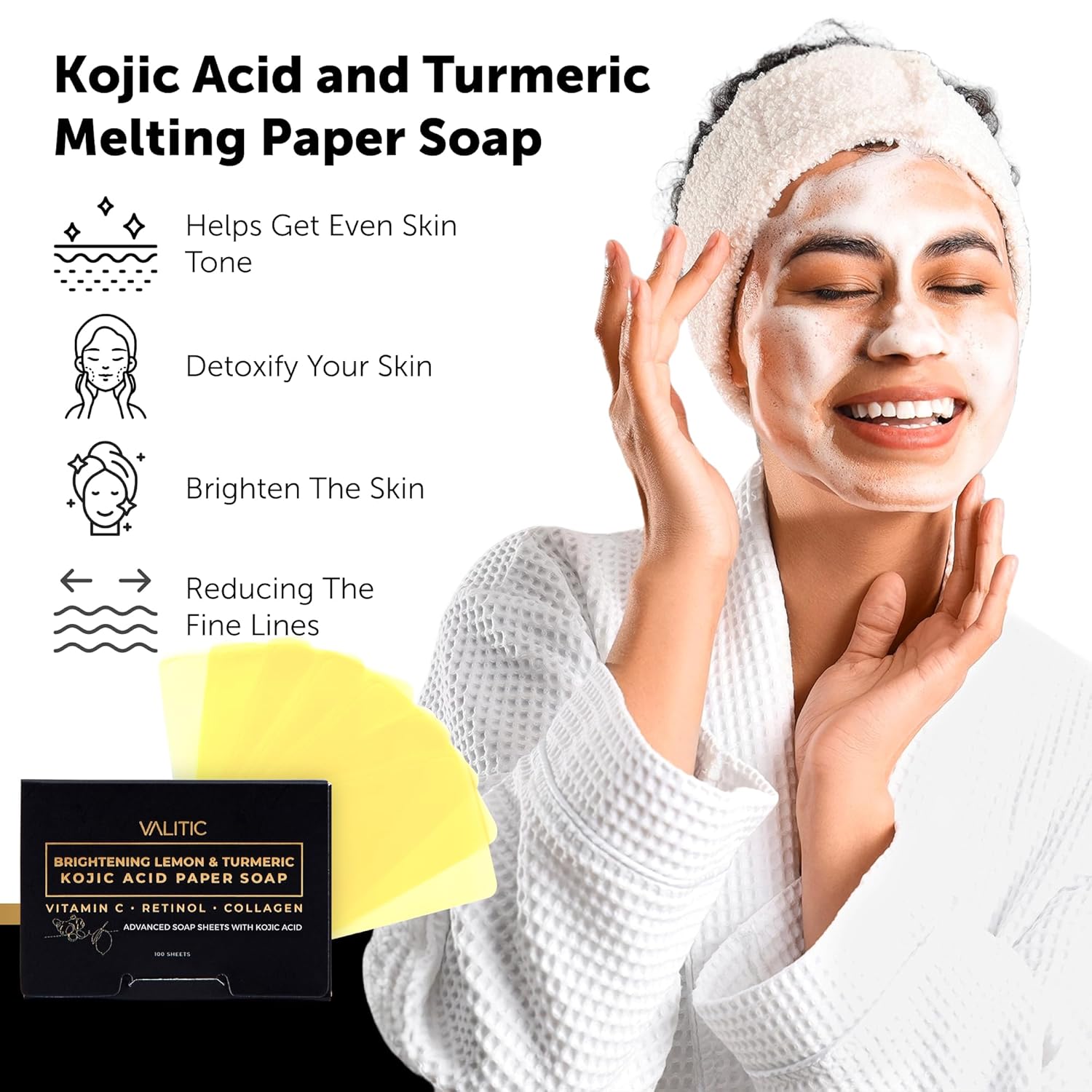 VALITIC Brightening Lemon Turmeric Kojic Acid Paper Soap - Vitamin C, Retinol, Collagen - Original Japanese Complex - Hyaluronic Acid, Vitamin E, Shea Butter, Castile Olive Oil - 3 Pack - Image 2