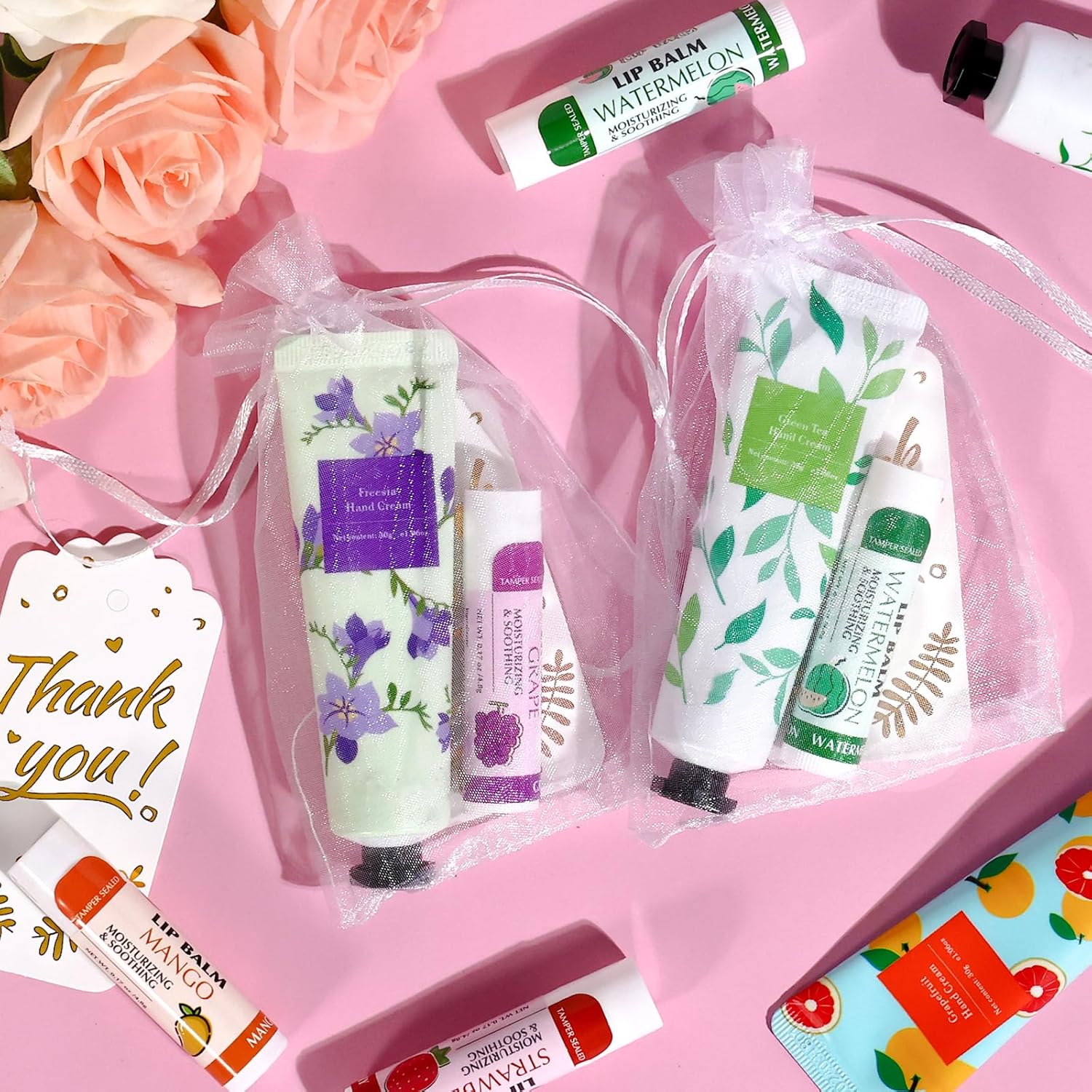 AZEN 100-Piece Hand Cream and Lip Balm Set with Organza Bag Thank You Card Guest Favors - Image 3