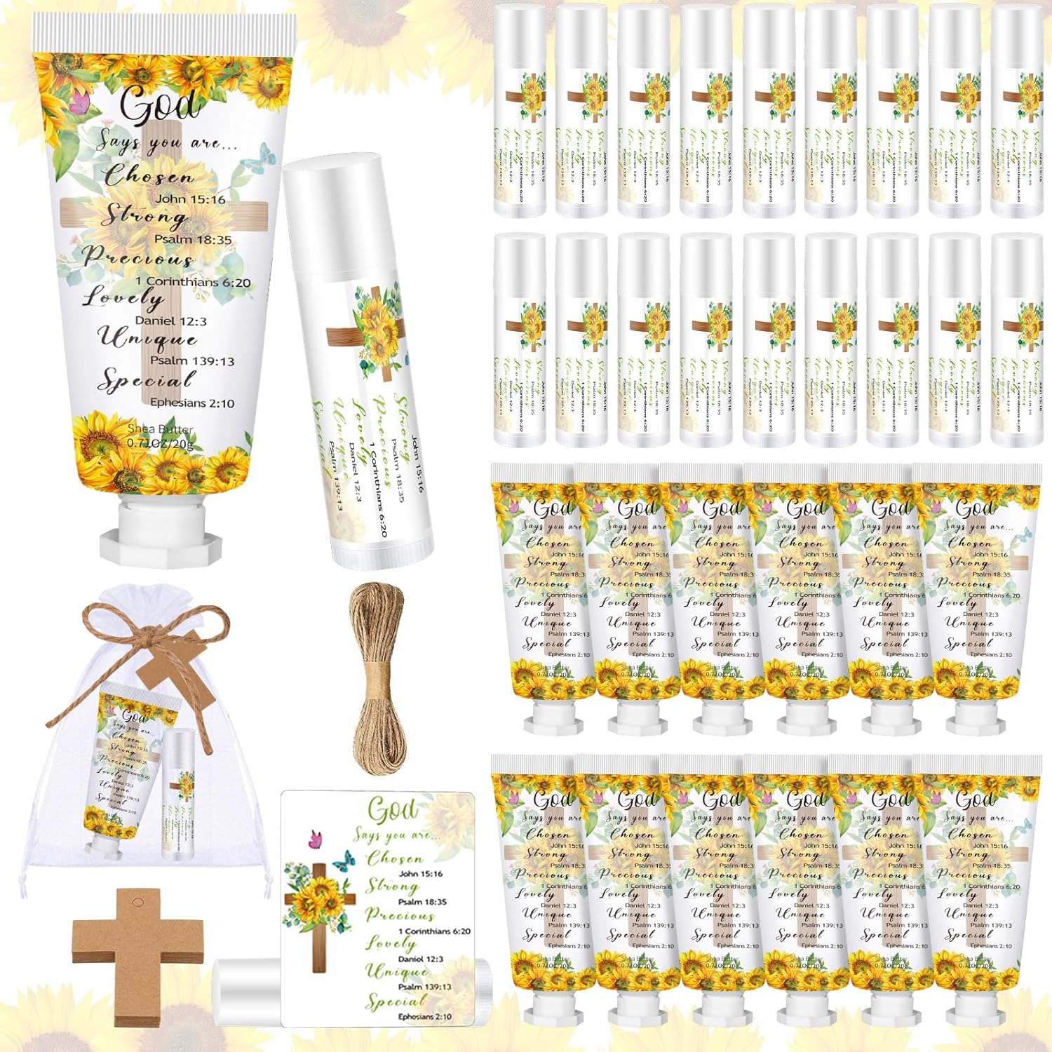 144 Pcs Christian Lip Balm Hand Cream Set Summer Christmas Biblical Party Favors Include 36 Bible Lip Balm and Sunflower Moisturizing Hand Cream 36 Bags and Cards and Ropes for Women Men Gifts
