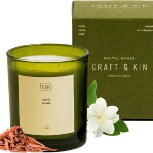 Craft & Kin 12oz Santal Woods Candle for Home | Premium Green Spring Scented Candles for Men | Made with Natural Soy | Gifts for Men and Women | Nature Collection