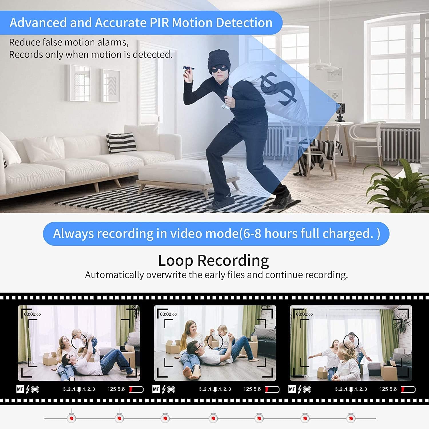 HD 1080p Mini Spy Camera with PIR Motion Detector and Night Vision Small Nanny Cams Portable Indoor Video Cameras Home Security Surveillance Cam 60 Days Standby-(No WiFi),1 pack - Image 4