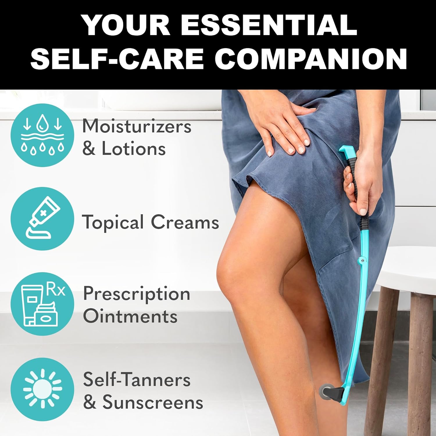 Teal Bearback Lotion Applicator for Back and Body with Folding Handle and 2 Foam Rollers - Image 6