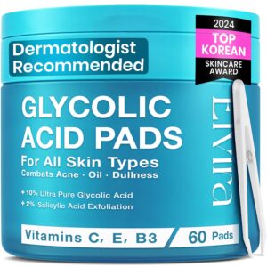 Elvira Korean Skincare Anti-Aging & Glycolic Acid Exfoliating Facial Pads With 10% Glycolic Acid, 2% Salicylic Acid & Niacinamide - 60 Toner Pads, Daily Peel Treatment for Acne Prone Sensitive Skin