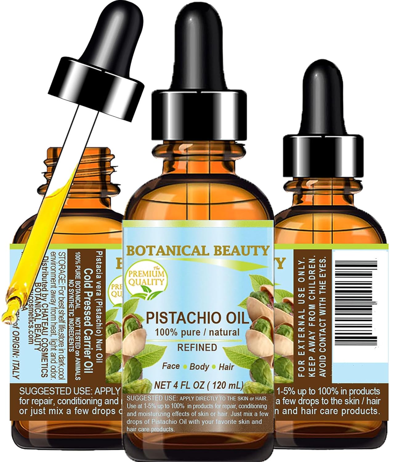 Italian PISTACHIO OIL Pistacia vera 100% Pure Natural Refined 4 Fl.oz.- 120 ml for for Face, Skin, Body, Hair, Lip, Nails. Rich in vitamin E by Botanical Beauty
