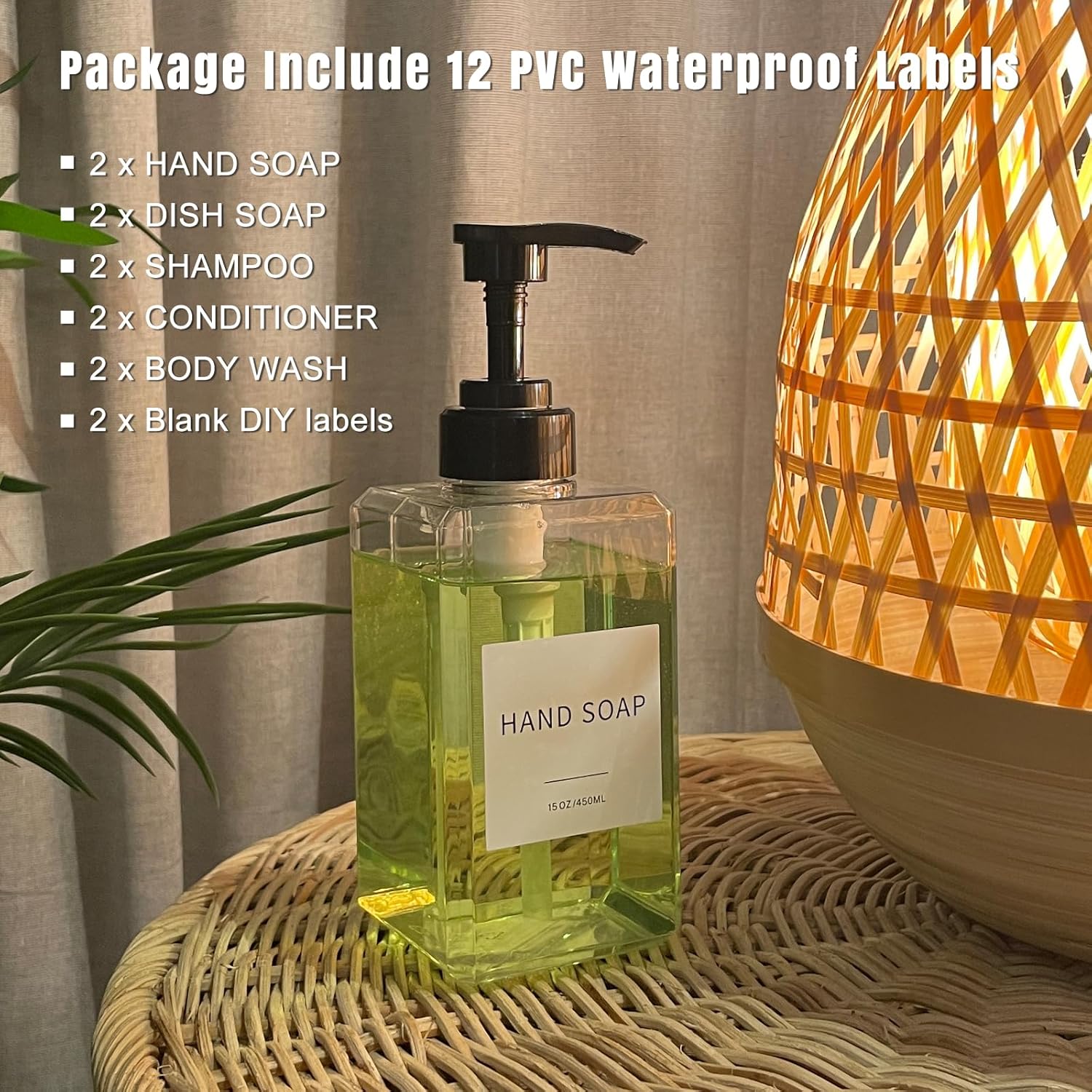 Clear 15oz Thick Plastic Soap Dispenser Set with Waterproof Labels 2 Pack - Image 3