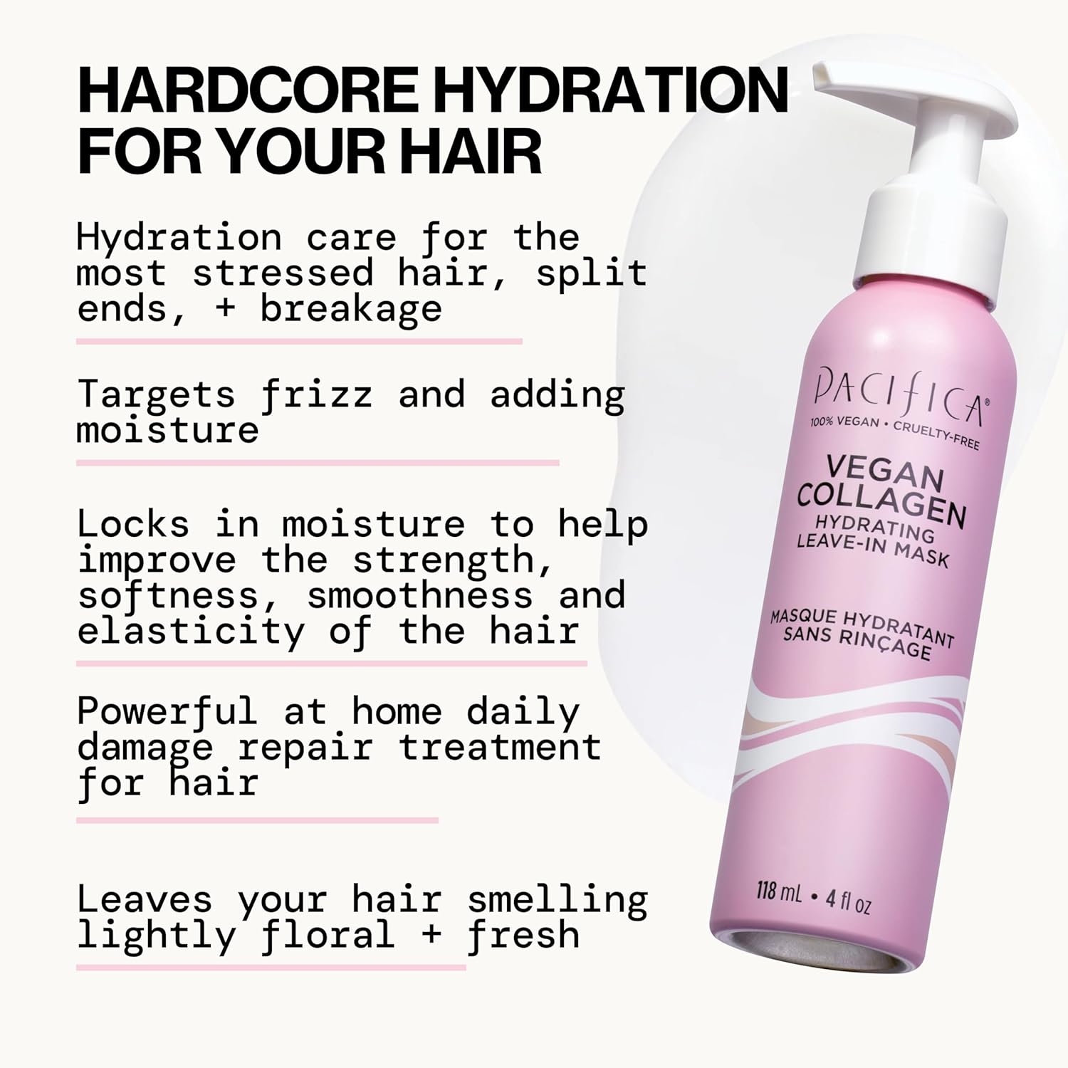 Pacifica Vegan Collagen Hydrating Leave-In Repair Hair Mask, Softens & Restores Shine, Seals Split Ends, For Dry, Damaged & Color-Treated Hair, Silicone & Sulfate Free, Vegan, 4 oz - Image 3