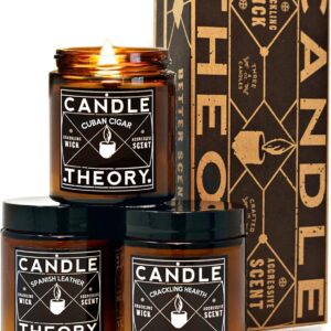 Scented Candle Gift Set of 3, 4oz Candles, Crackling Wood Wick Candled for Home, 3 Scents Cuban Cigar, Spanish Leather, Crackling Hearth, Mens Candle Bachelor Pad Decor Man Cave Decor