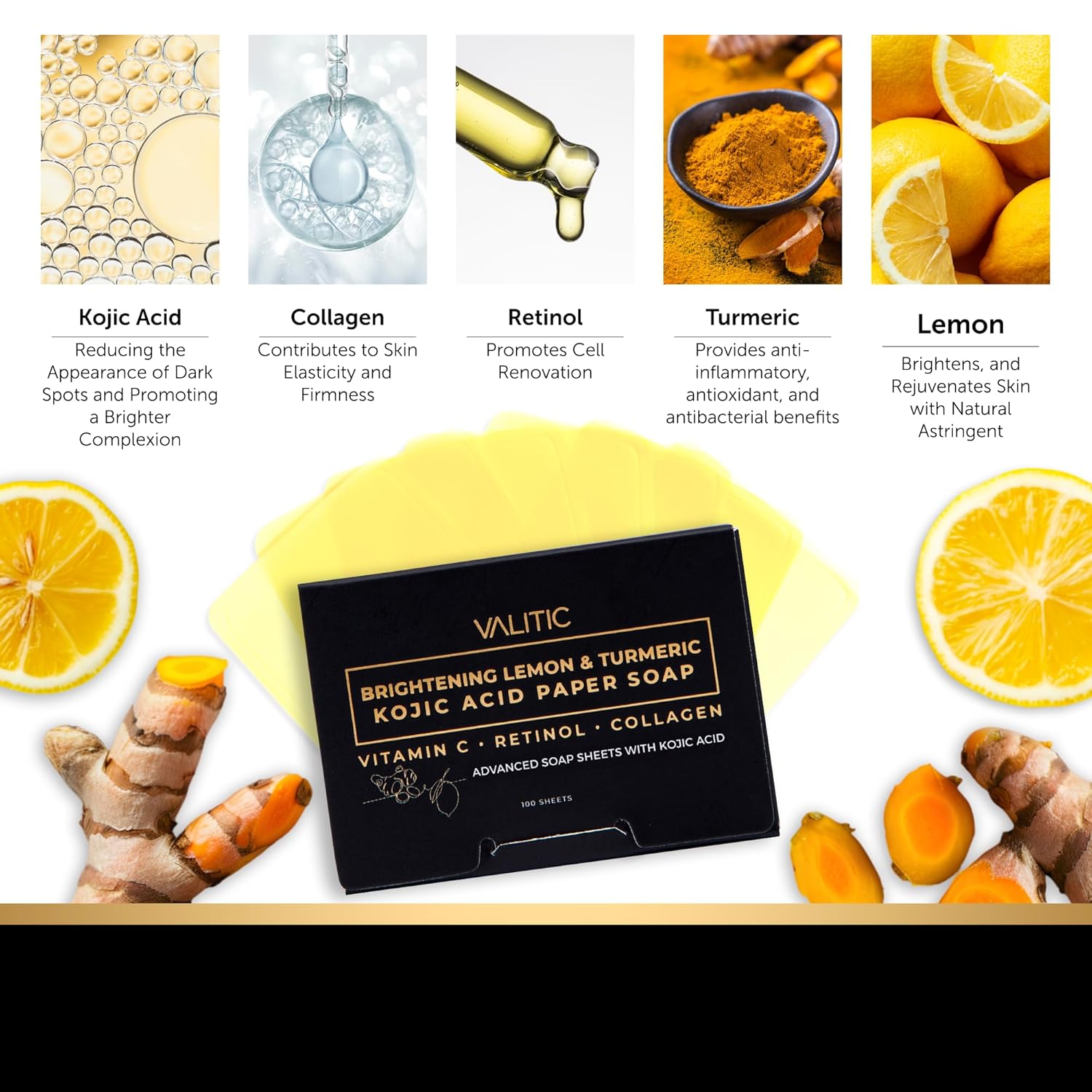 VALITIC Brightening Lemon Turmeric Kojic Acid Paper Soap - Vitamin C, Retinol, Collagen - Original Japanese Complex - Hyaluronic Acid, Vitamin E, Shea Butter, Castile Olive Oil - 3 Pack - Image 7