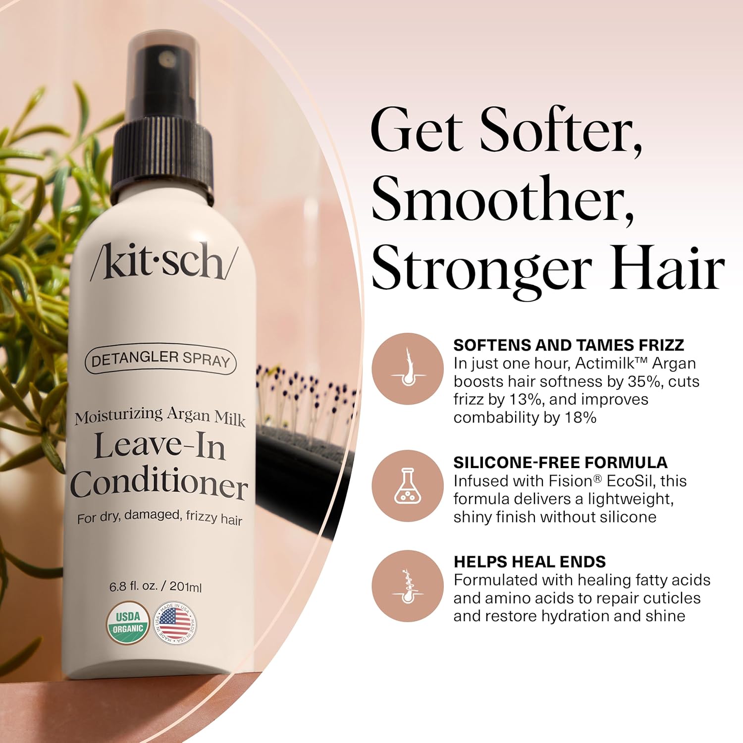 Kitsch Argan Milk Leave In Conditioner Spray for Curly Hair, Detangler Spray for Wavy, Fine, Dry & Damaged Hair, Sulfate-Free Frizz Control for Women & Men, Lightweight Moisturizer for Hair, 6.8oz - Image 3