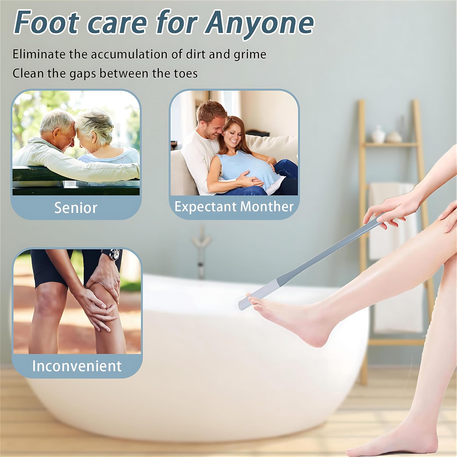 2Pack 15.7" Foot Scrubber in Shower with Long Handle Silicone Foot Brush Soft Skin Exfoliation Gap Brush for Seniors, Elderly, Men and Women (Gray) - Image 5