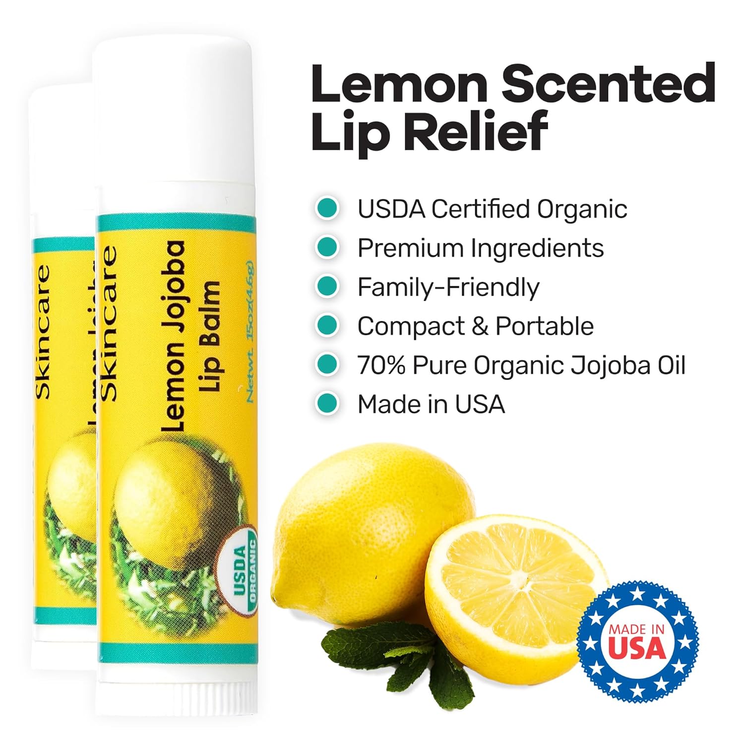 Organic Lip Balm - 70% Jojoba Oil with Beeswax - No Fillers or Additives - Moisturizes Dry Lips - Unflavored, & Travel-Ready - 2-Pack - 0.15 oz/4.6 gm - Lemon Scent - Image 2